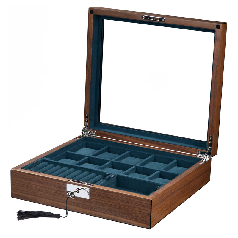 Walnut Wooden 10 Watch Display and Jewellery Lock Box