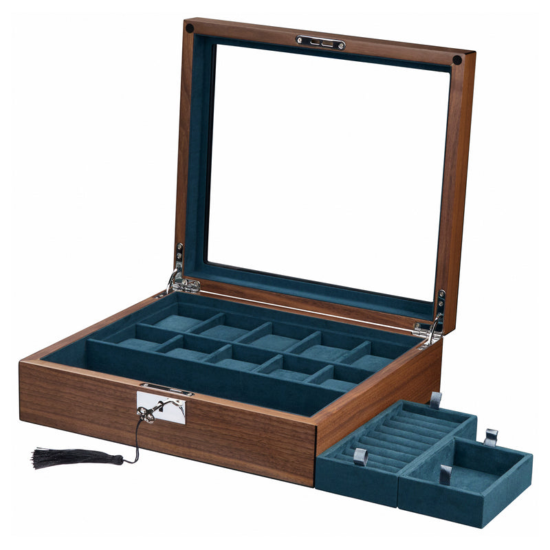 Walnut Wooden 10 Watch Display and Jewellery Lock Box