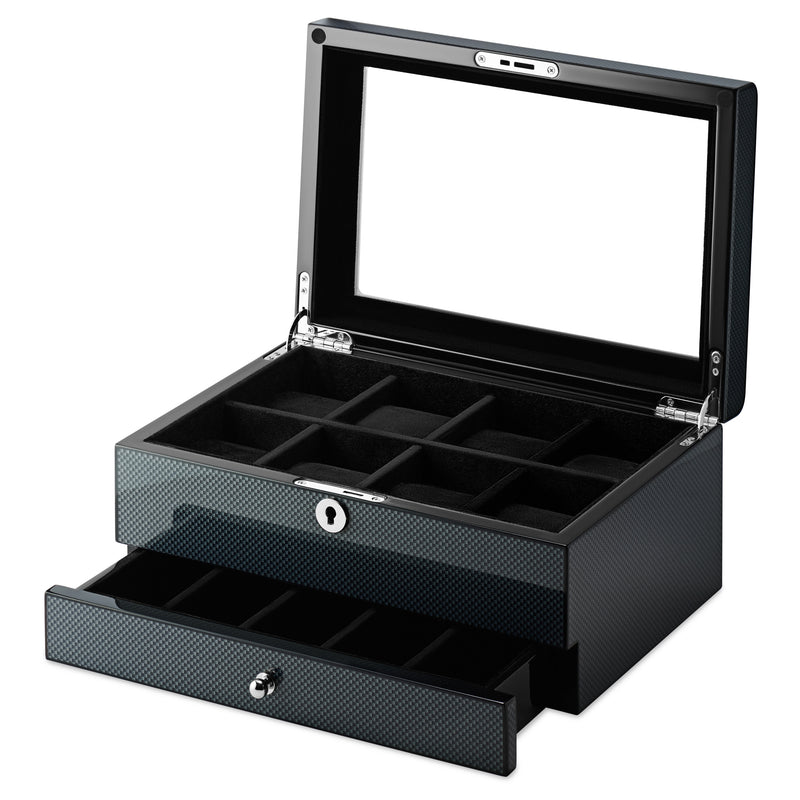 Carbon Fibre Display 8 Watch Lock Box With Storage Drawer