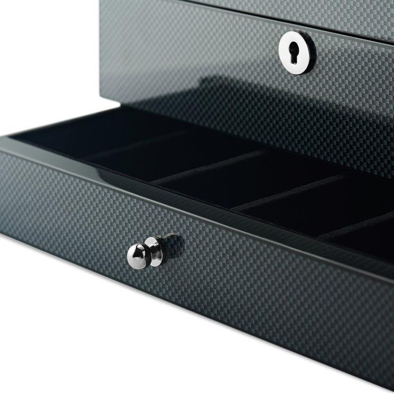 Carbon Fibre Display 8 Watch Lock Box With Storage Drawer